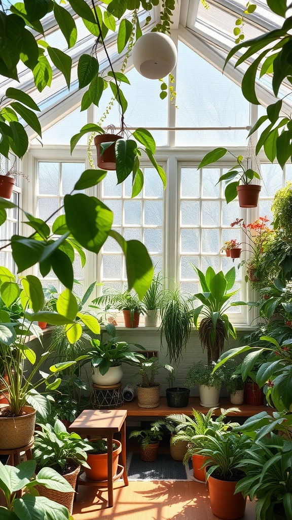 A sunroom filled with various indoor plants, showcasing a cozy and lush atmosphere.
