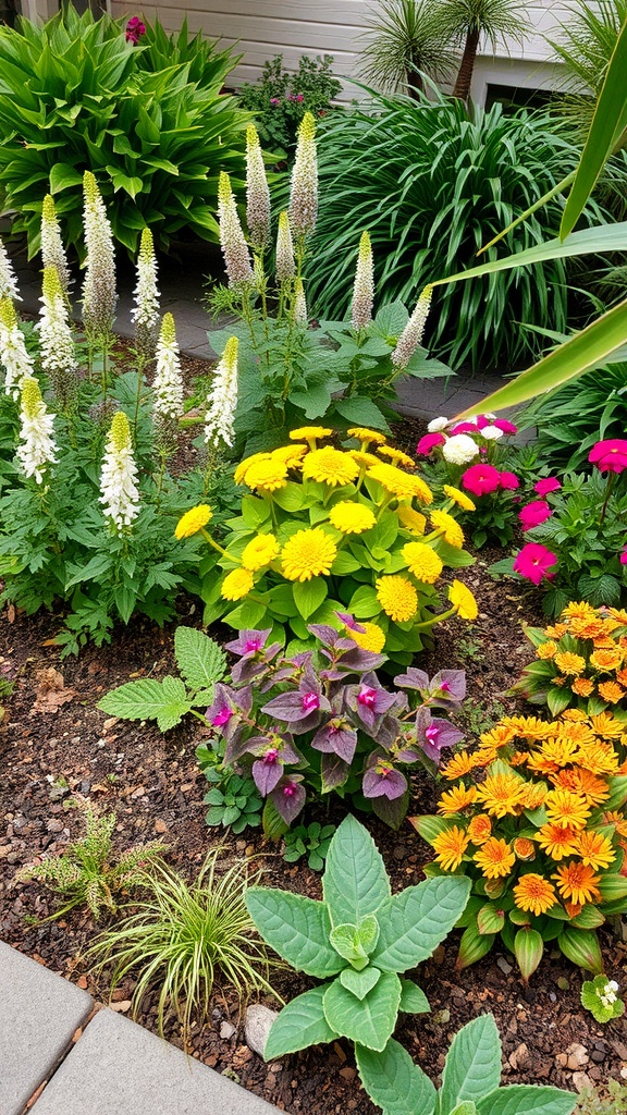 A colorful small garden featuring various flowers and lush green plants.