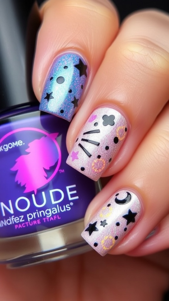 Colorful interactive nail art with various designs and patterns.