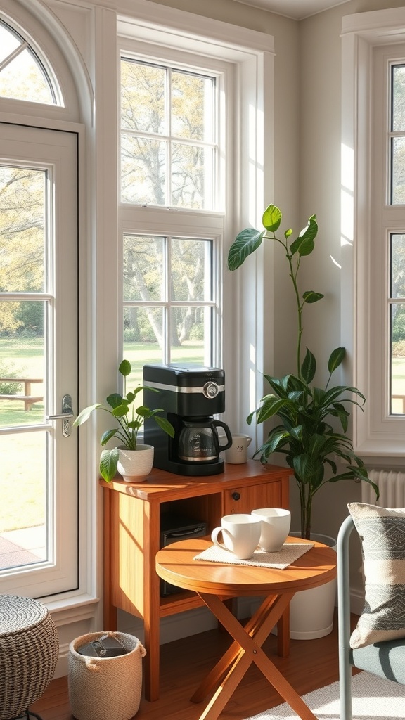A cozy coffee bar setup in a sunroom with a coffee maker, plants, and mugs.