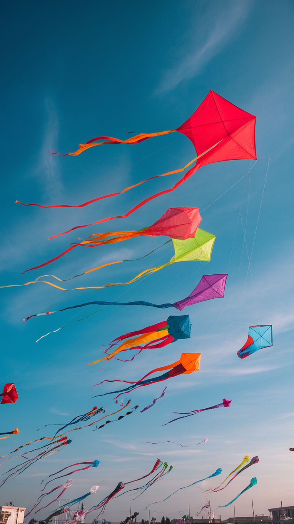 Colorful kites flying in a blue sky with ribbons trailing behind them.