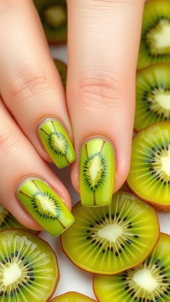 Nail art featuring kiwi slice designs on manicured nails with sliced kiwis in the background.