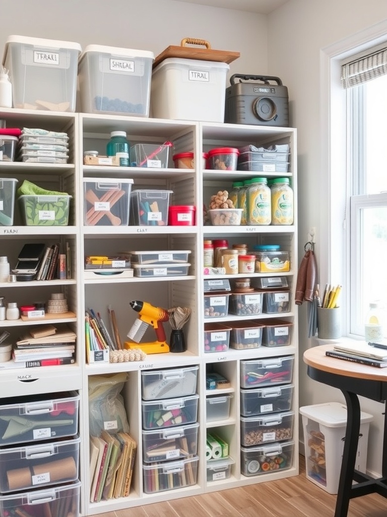 Organized craft room with labeled bins and containers on shelves