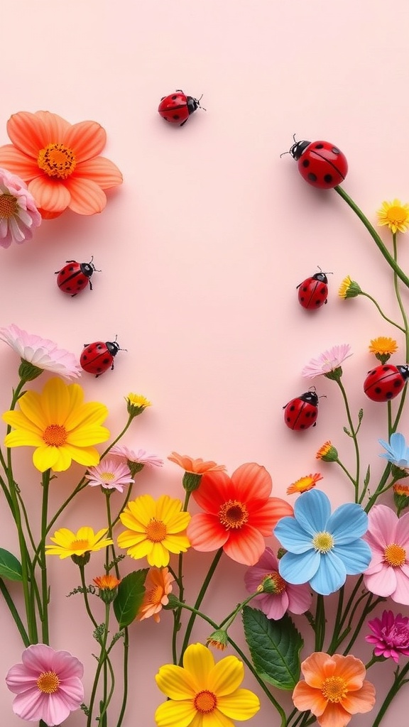 A collection of colorful flowers and ladybugs on a pink background.