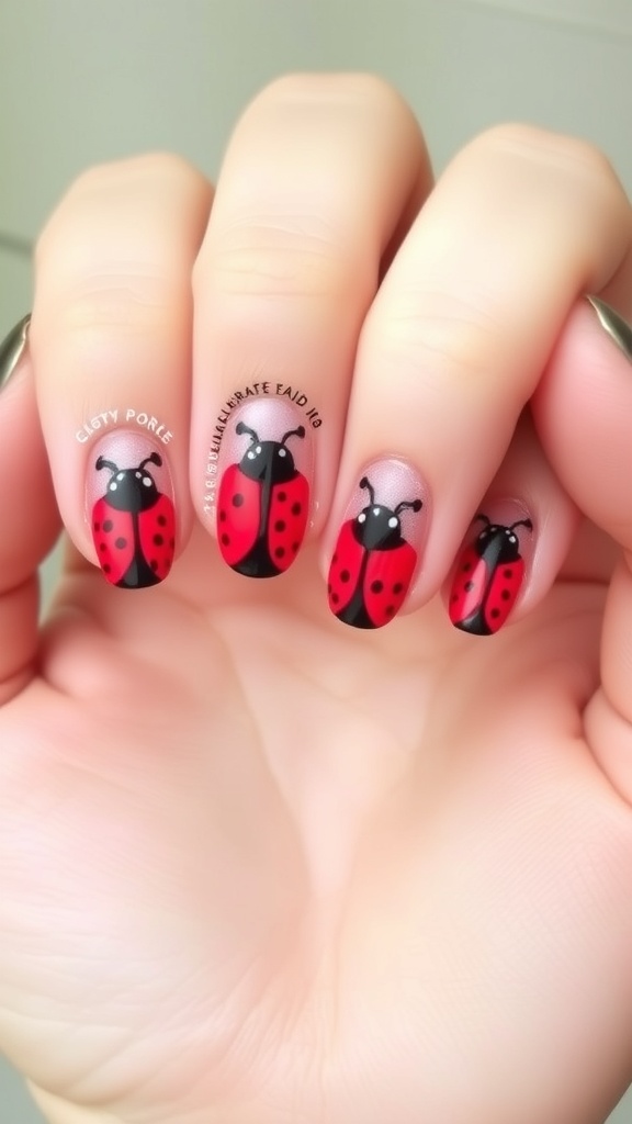 Nails featuring a ladybug ombre effect with vibrant red and black designs.