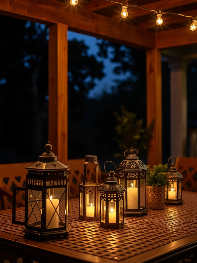 A beautifully arranged patio with lanterns and string lights, creating a cozy evening atmosphere.