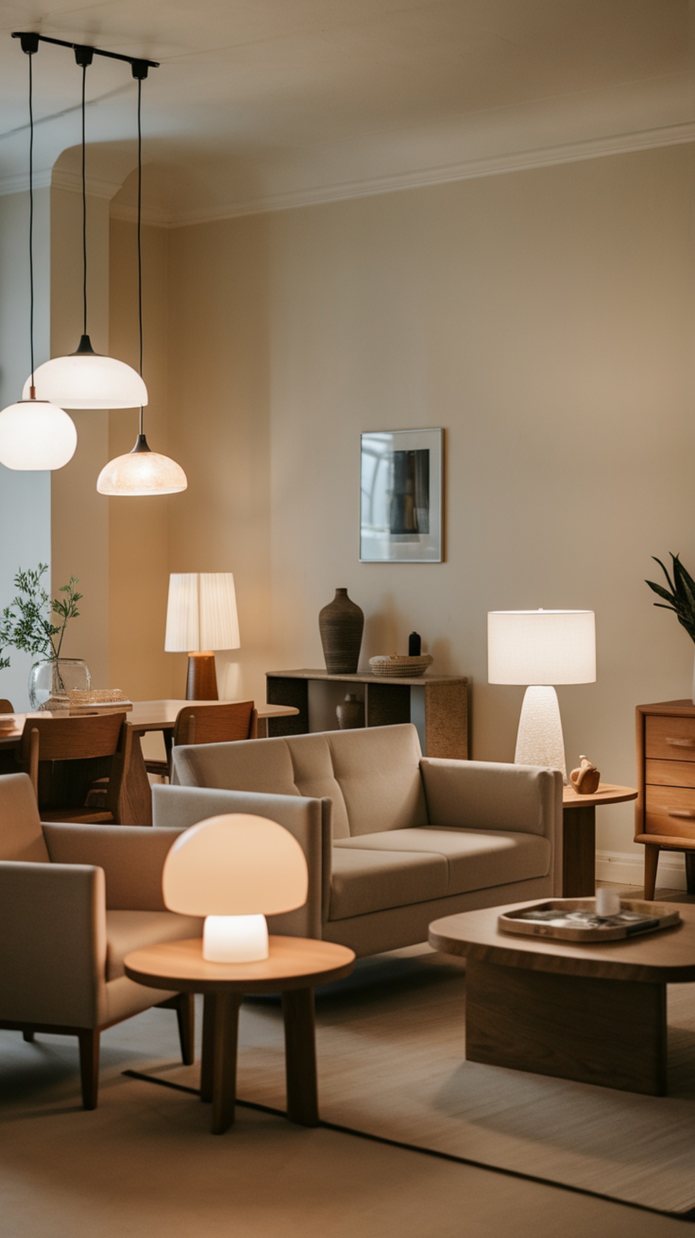 A cozy living room featuring layered lighting with pendant lights and table lamps.