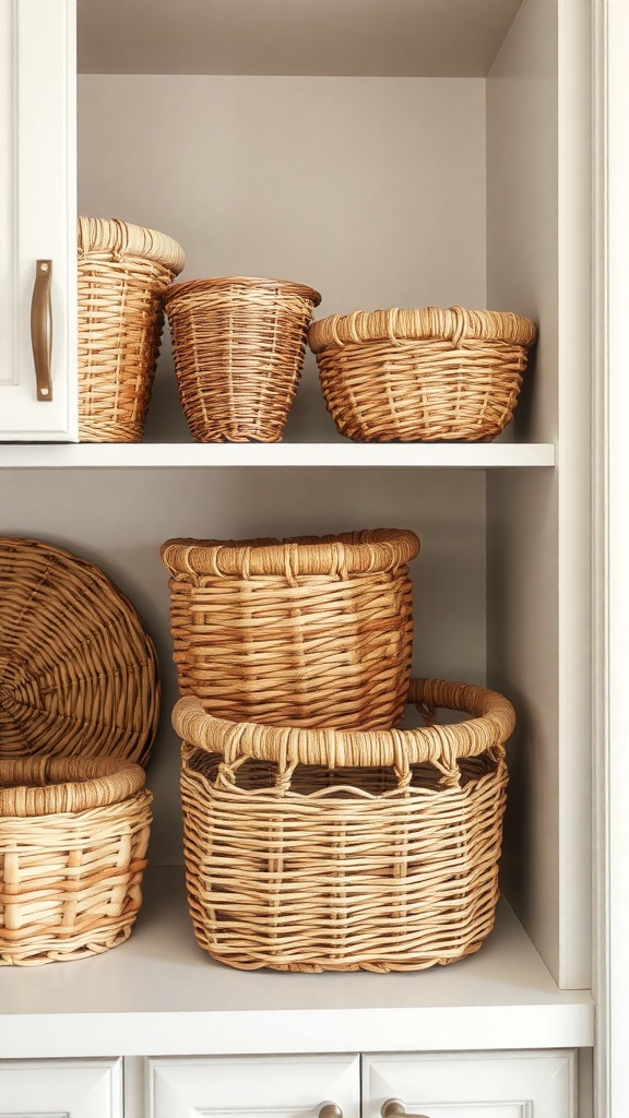 A collection of woven baskets in various shapes and sizes on a kitchen shelf.