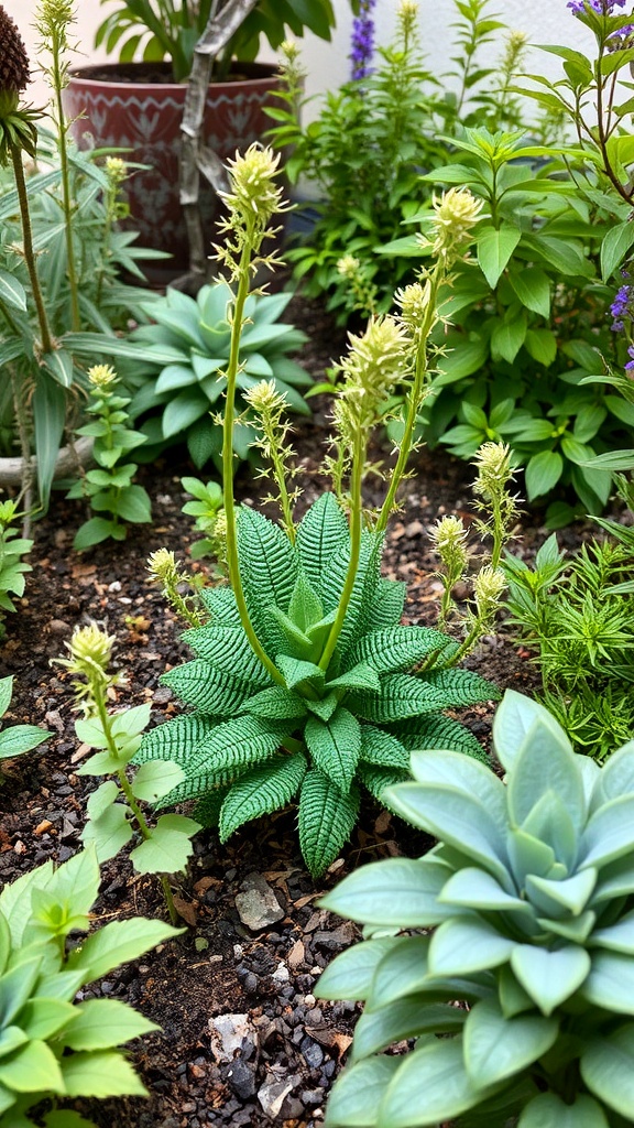 A small garden with layered plants showcasing different textures and heights.