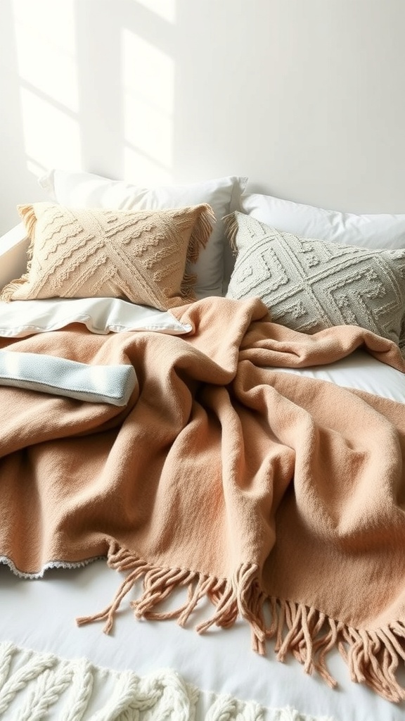 A cozy bed with a peach throw blanket and textured pillows in light colors, showcasing layering techniques for a summer look.