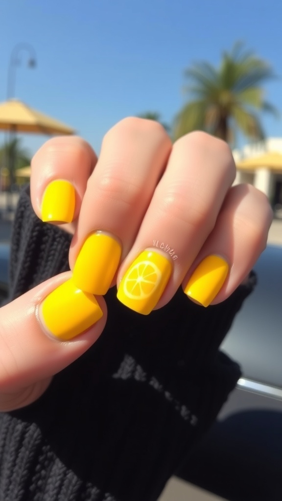 Bright yellow nails with a lemon slice design