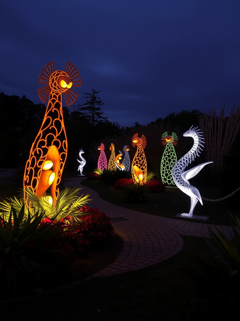 Colorful lighted garden sculptures in a nighttime setting