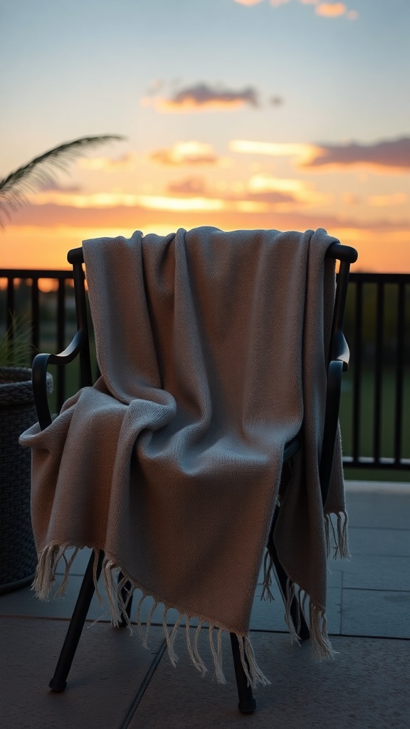 A lightweight cotton throw draped over a chair with a sunset in the background.