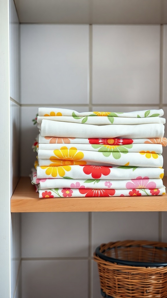 A stack of colorful summer table linens with floral patterns on a wooden shelf.