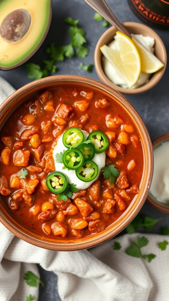 A bowl of low carb chili topped with jalapeños, sour cream, and cilantro, with avocado and lemon on the side.