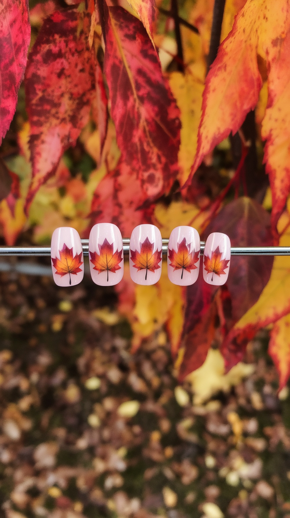 Nail design featuring maple leaves on a soft pink background