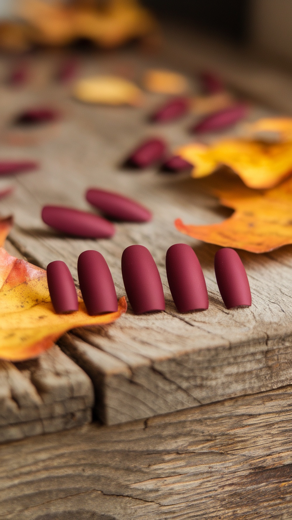 Matte burgundy nail tips on a wooden surface with autumn leaves