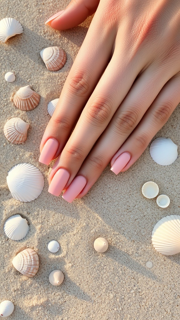 A hand with matte pink nails resting on sandy beach with seashells.