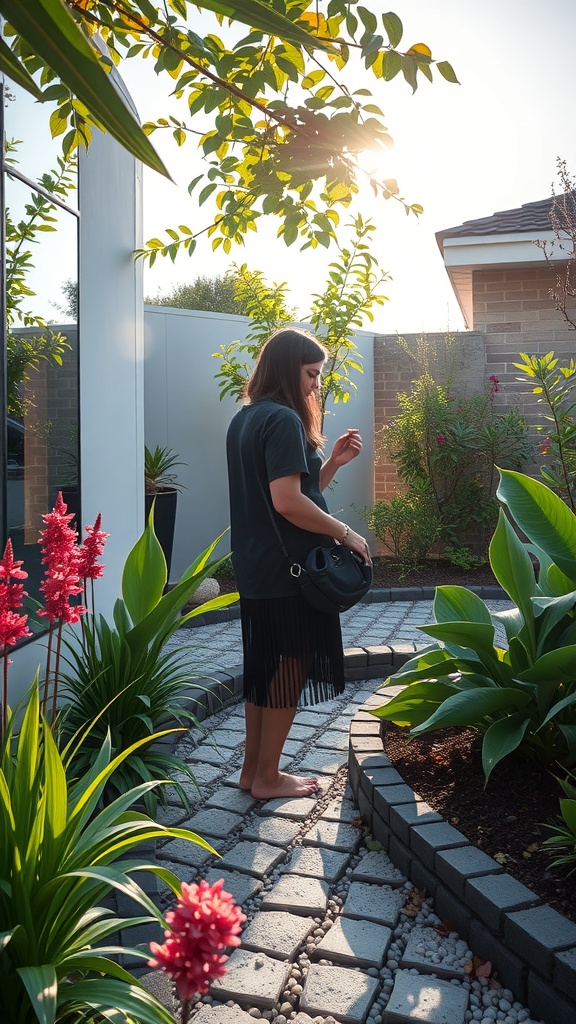 A woman walking along a garden path surrounded by flowers and plants, with sunlight shining through the leaves.