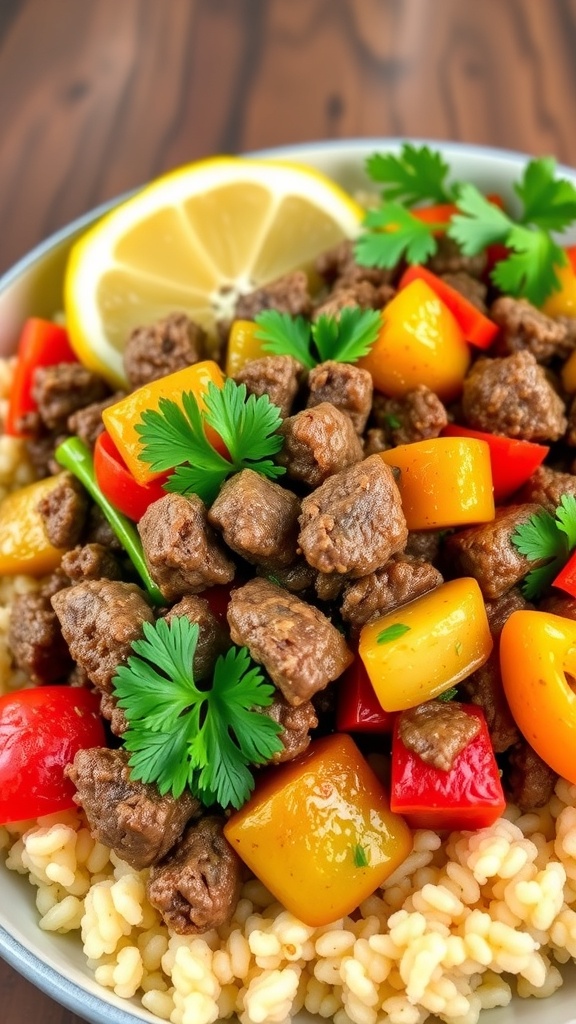 A bowl of Mediterranean ground beef stir fry with bell peppers and lemon