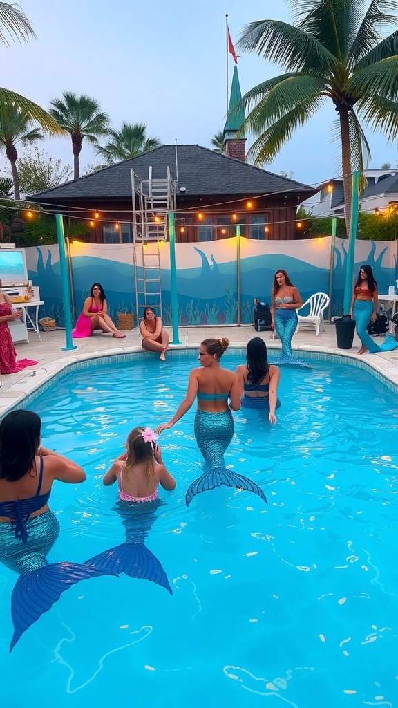 A vibrant pool party scene with guests dressed as mermaids, enjoying the water and decorations.