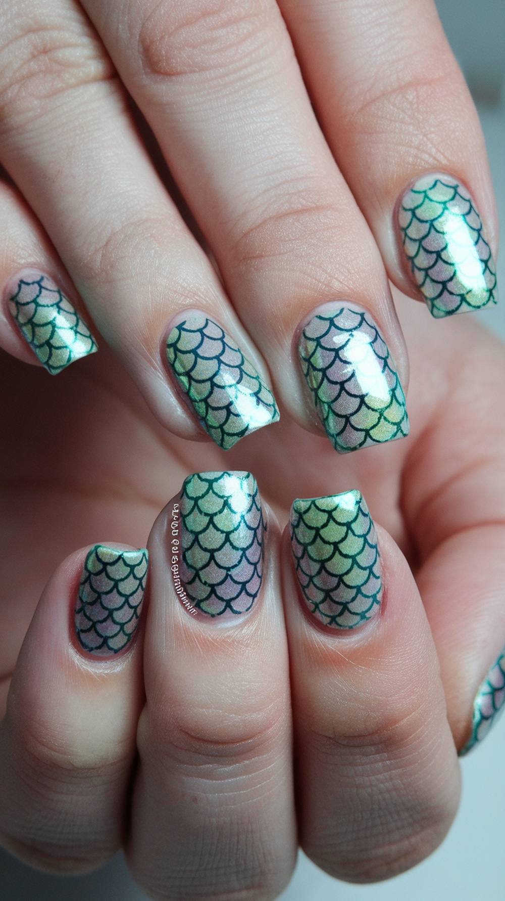 Nails featuring a mermaid scale pattern in green and pink colors with black outlines.