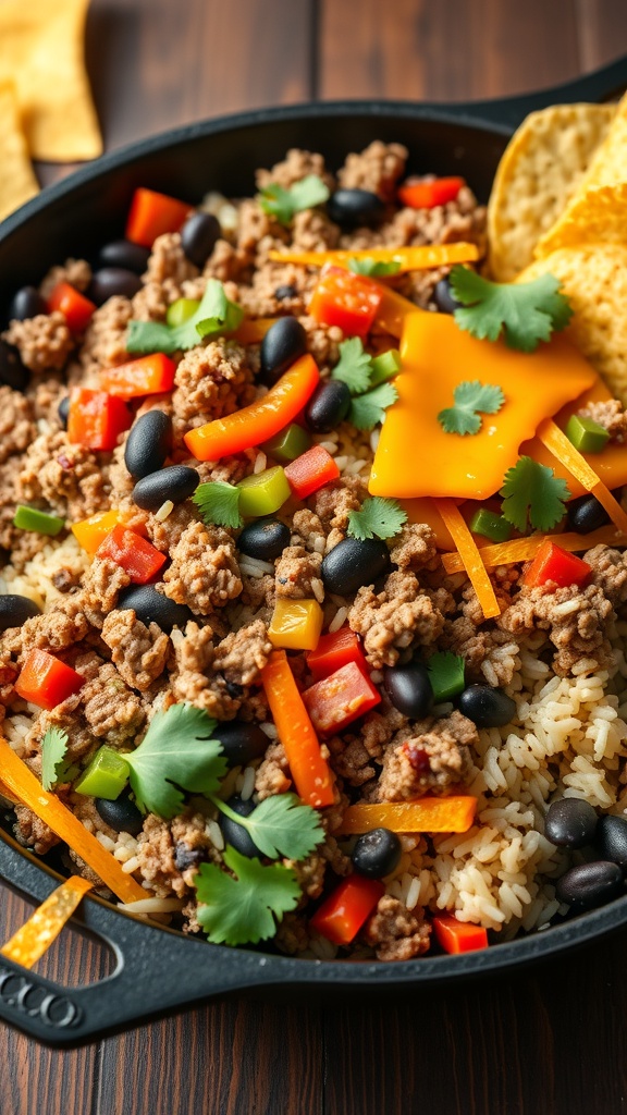 A delicious Mexican Ground Beef Skillet with ground beef, bell peppers, black beans, cheese, and cilantro.