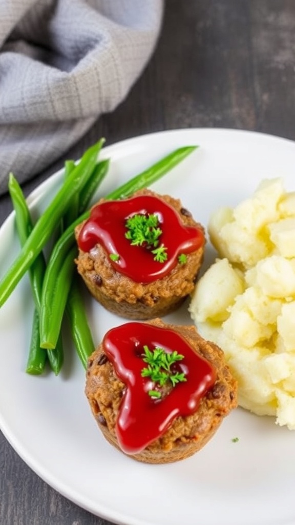 Mini beef meatloaf muffins served with mashed potatoes and green beans