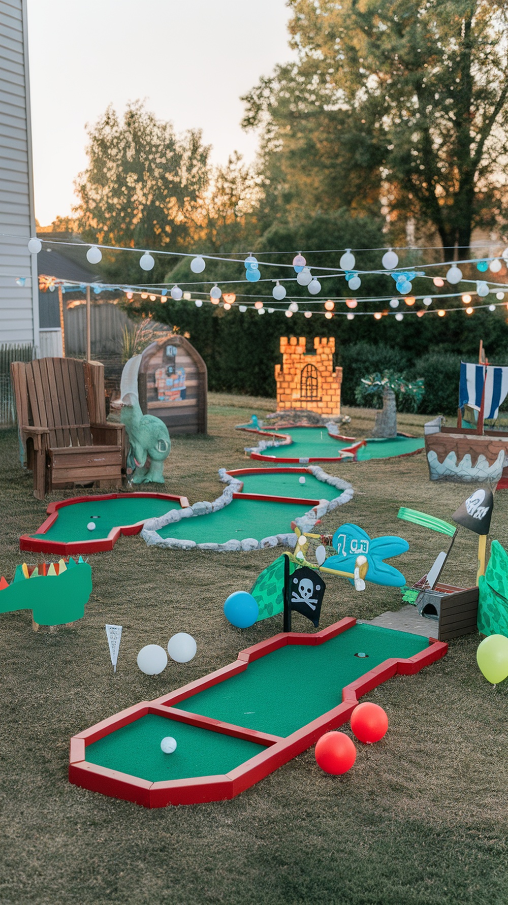 A backyard mini golf course with colorful decorations and obstacles.