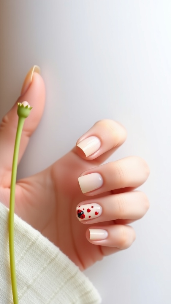 A hand with minimalist ladybug nail art, featuring a nude polish and a single nail decorated with a ladybug design.