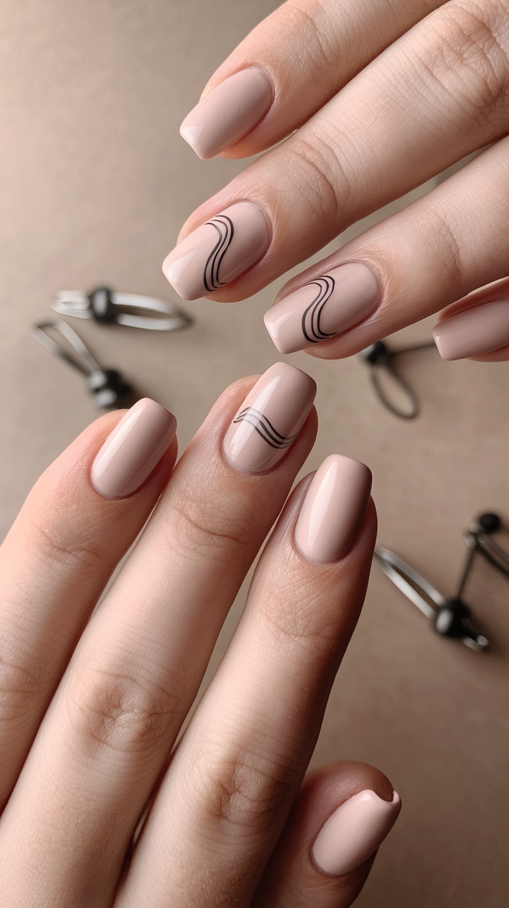 Close-up of hands with minimalist line art nail design featuring light pink polish and black lines.