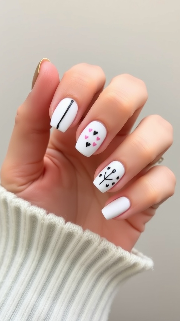 A hand with minimalist whimsical nails featuring pastel colors and playful designs.