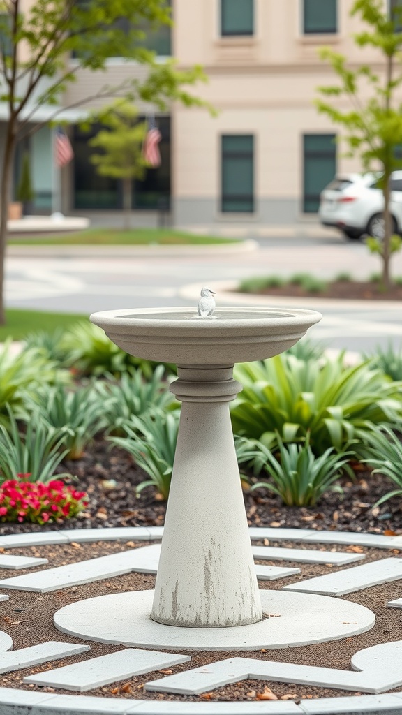 A modern minimalist birdbath with a sleek design surrounded by greenery.