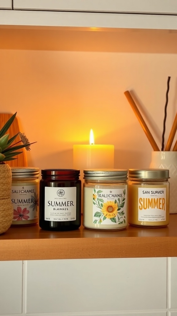 A collection of scented candles on a kitchen shelf, featuring various summer-themed fragrances.