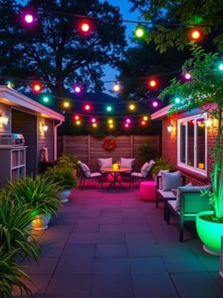 A cozy outdoor patio with colorful string lights and glowing planters, creating a vibrant atmosphere.