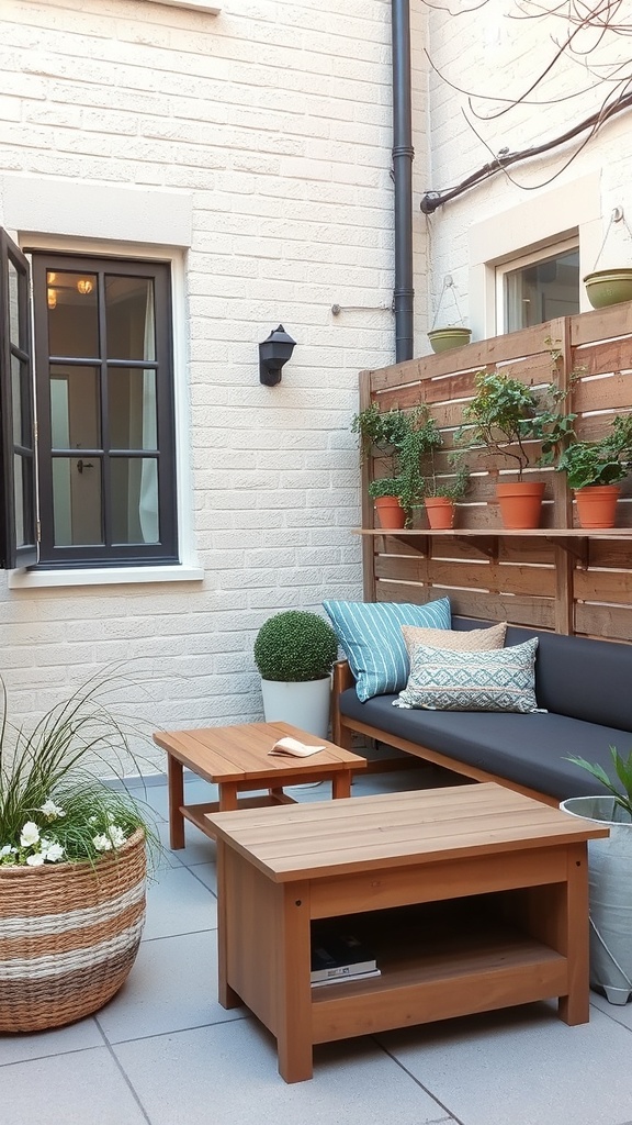A small outdoor patio featuring a sofa, coffee table, and potted plants.