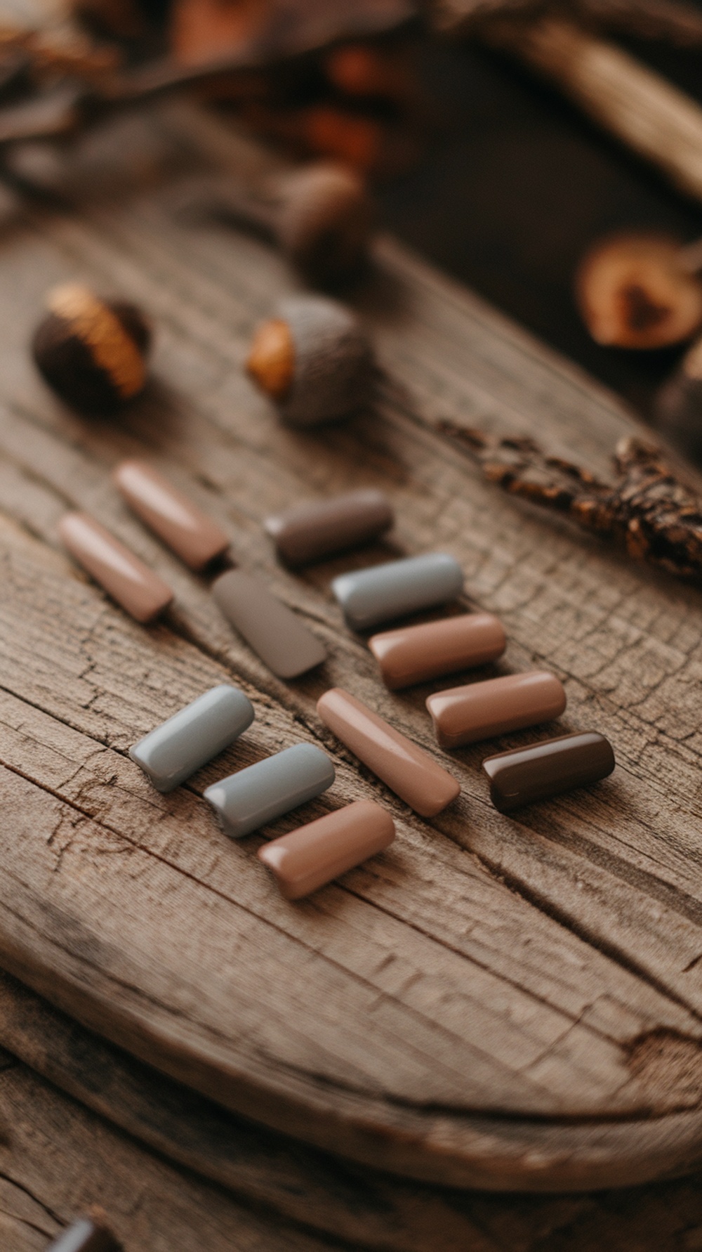 Nail polish swatches in muted earth tones on a wooden surface