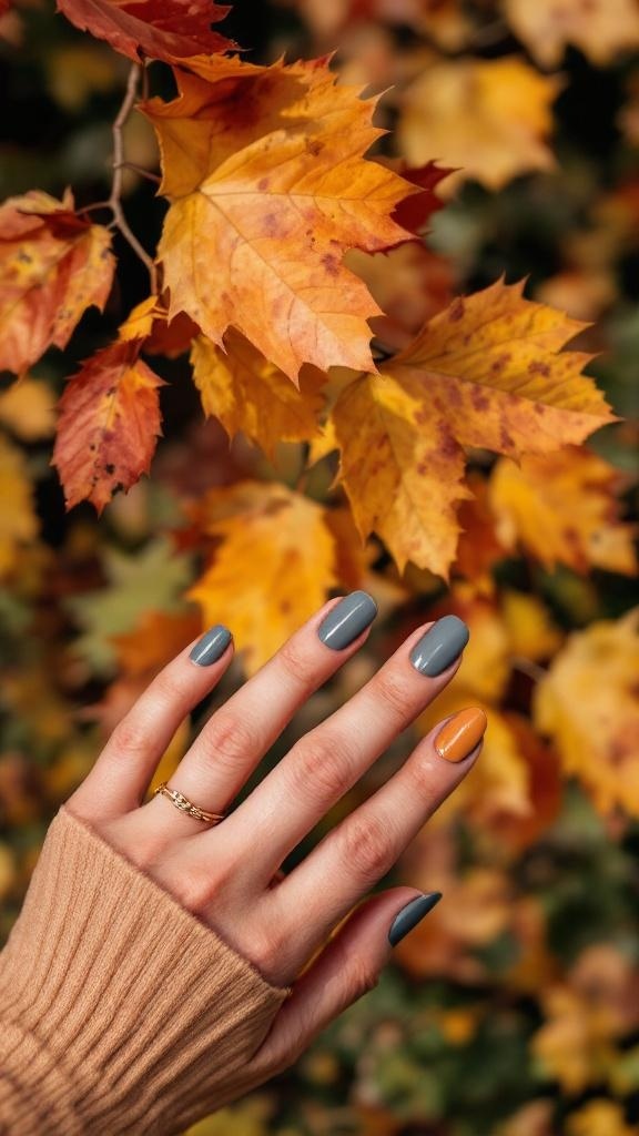A hand with muted gray and mustard nails against a backdrop of autumn leaves.