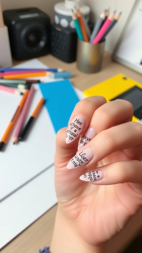 A hand with manicured nails featuring various quotes, surrounded by colorful stationery.