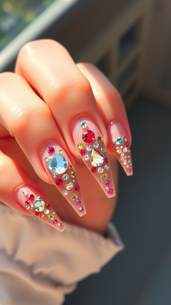 Close-up of beautifully manicured nails adorned with colorful rhinestones.