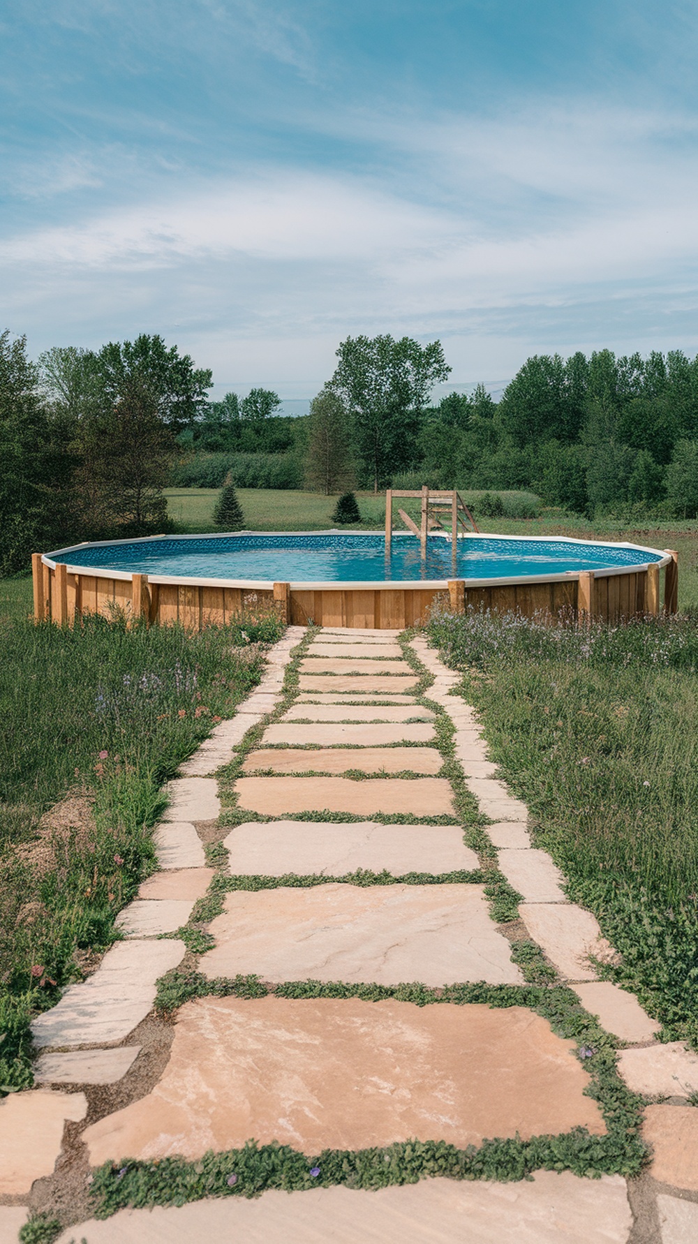 A natural stone pathway leading to an above-ground pool, surrounded by greenery.