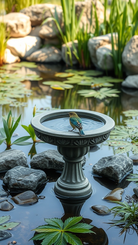 A birdbath surrounded by rocks and water plants in a natural pond setting.