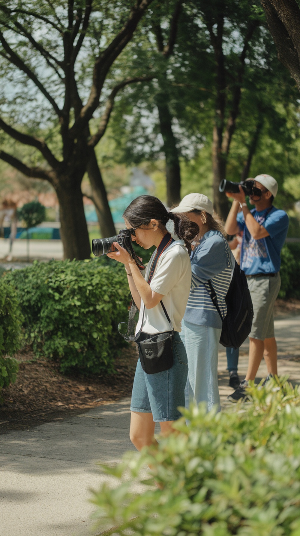 Group of photographers taking pictures in a green park