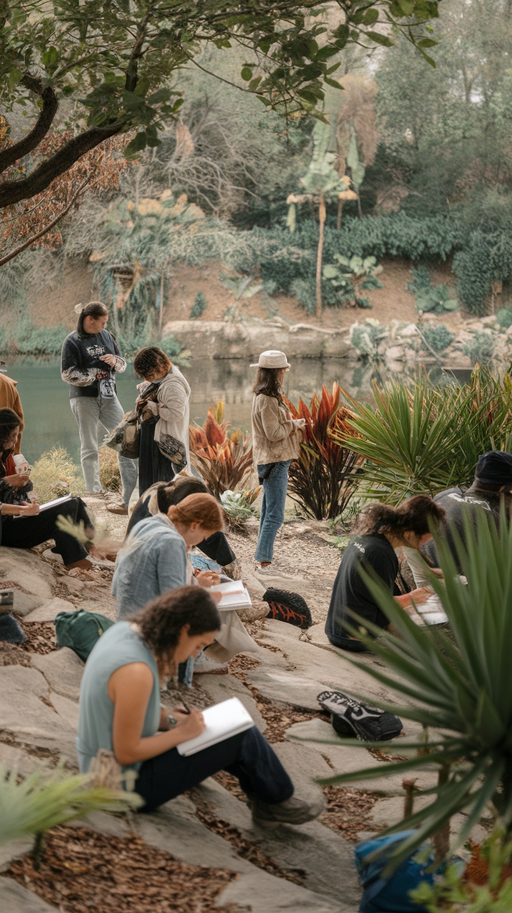 A group of people sketching by a water body during a nature walk.