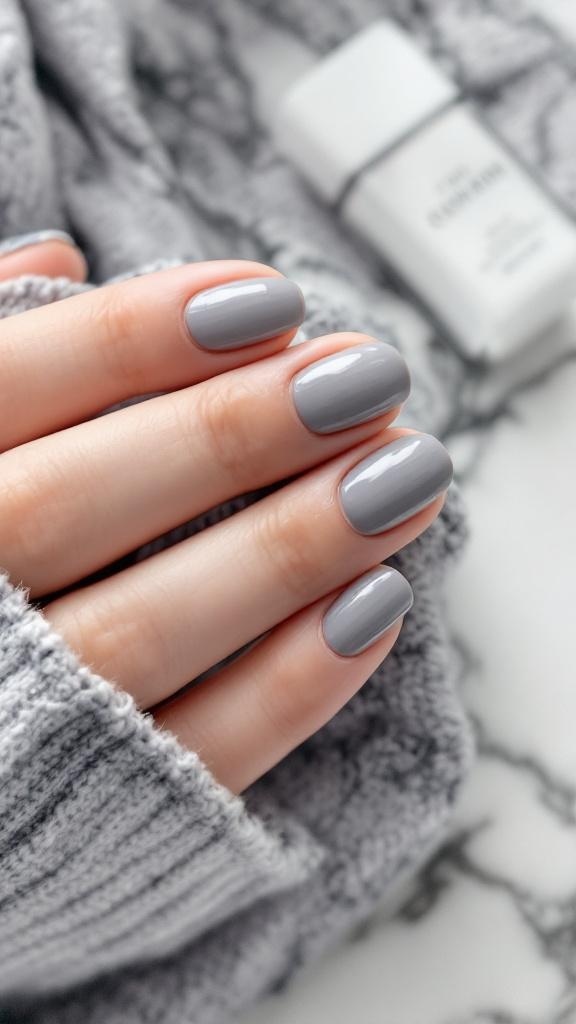 A close-up of manicured hands with neutral gray nails and a glossy topcoat, resting on a soft gray knit fabric.