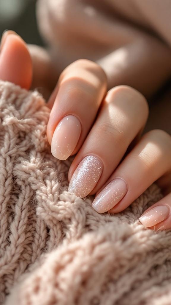 Close-up of nude nails with glitter on a cozy knitted fabric.