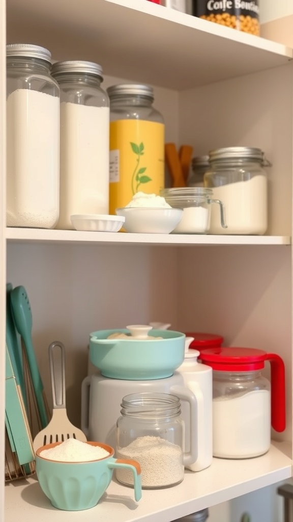 Organized baking supplies on a kitchen shelf, featuring jars of flour, sugar, and measuring tools.