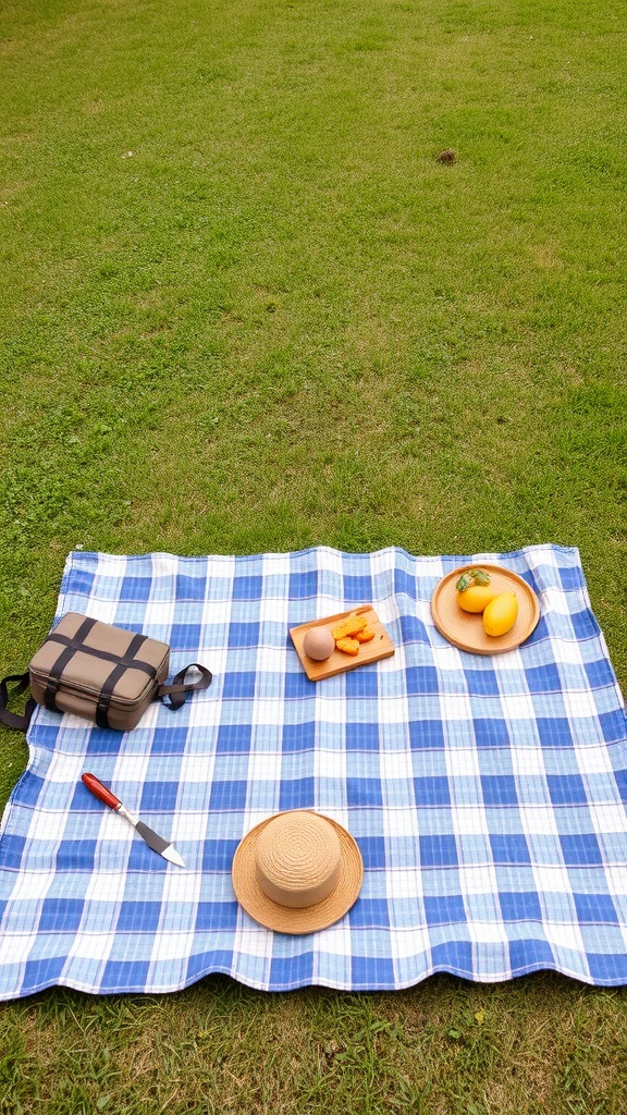 A picnic setup on grass featuring a blue and white checkered blanket, a picnic basket, and fresh fruits.
