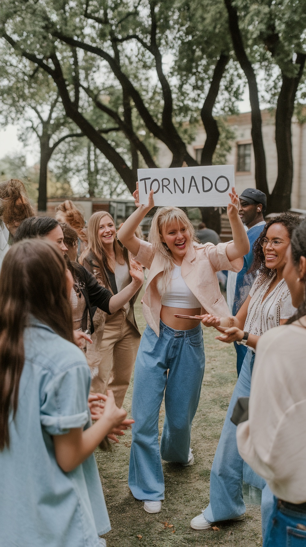 A group of friends playing outdoor charades, with one person holding a sign that says 'TORNADO.'
