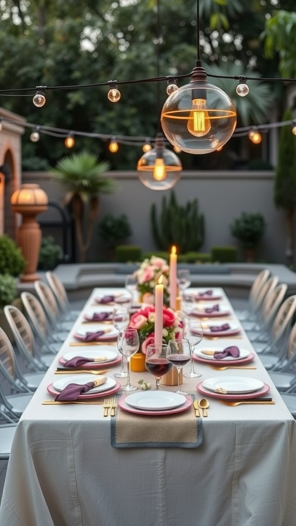 Outdoor dining setup with a long table, elegant place settings, and warm string lights.